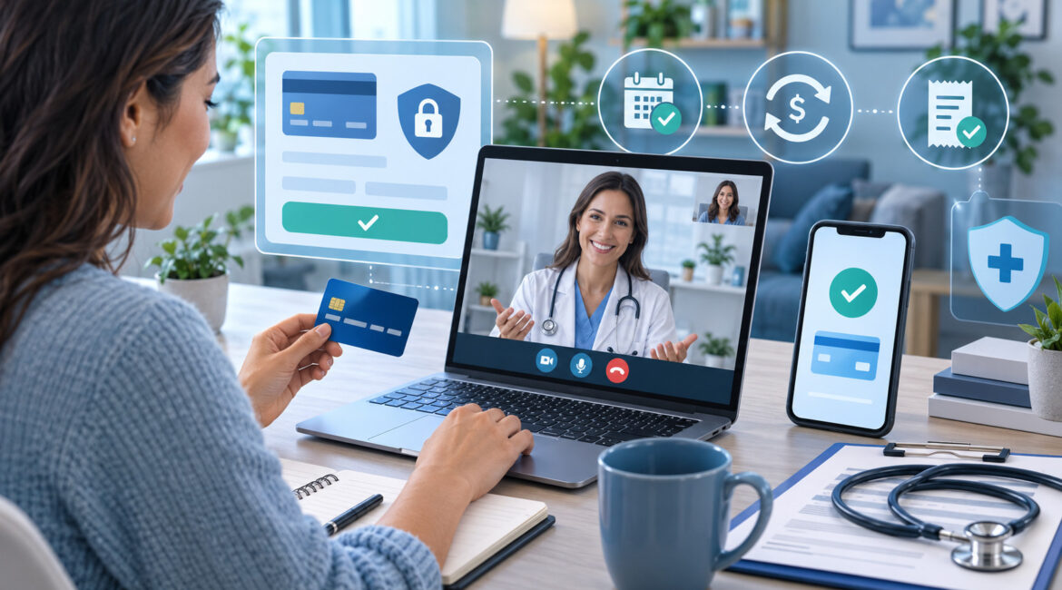 Telehealth patient making a secure online payment during a virtual doctor visit